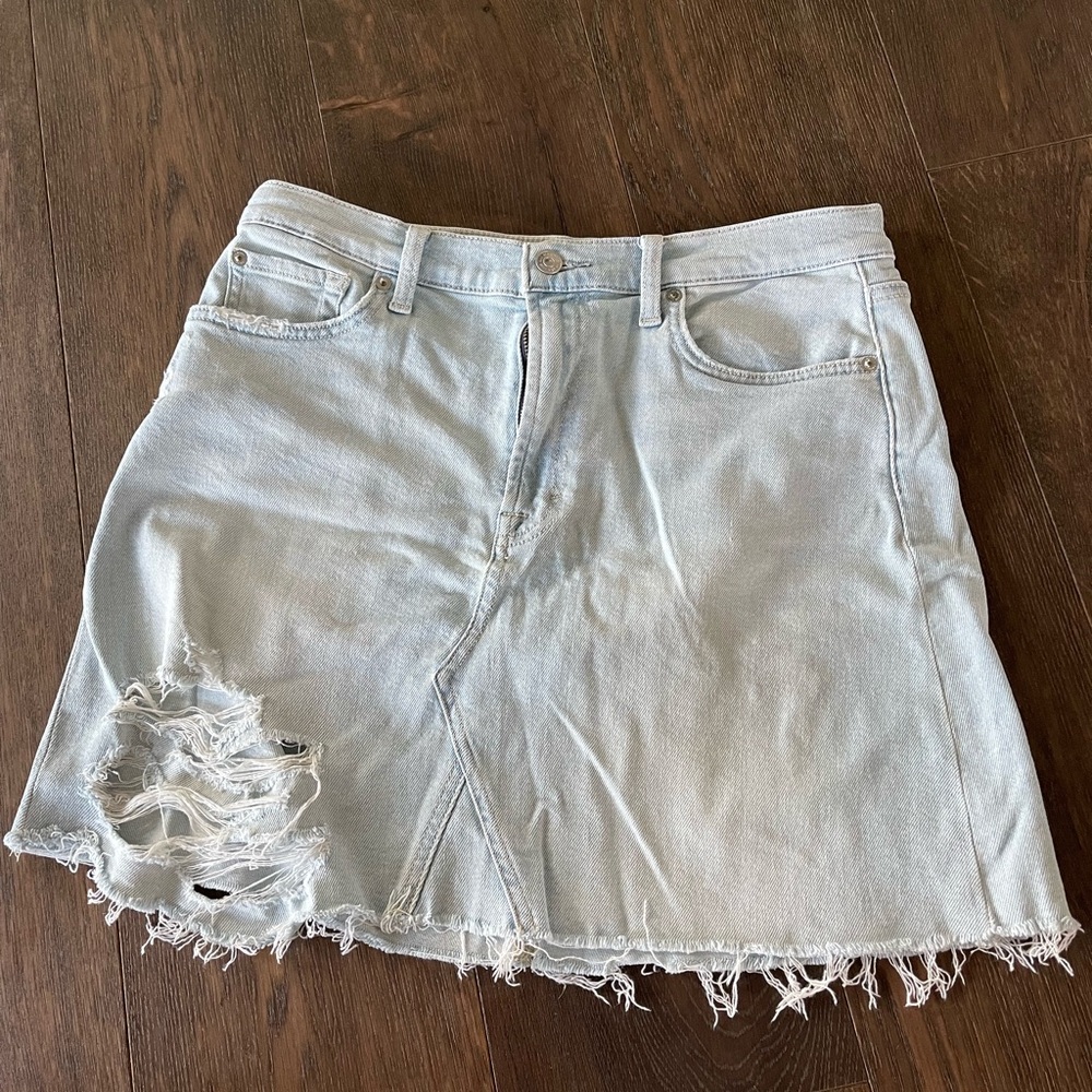 7 For All Mankind Light Blue Distressed A-Line Skirt